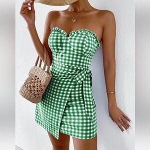 Buffalo Plaid Frill Trim Wrap Knot Side Tube Dress-green
